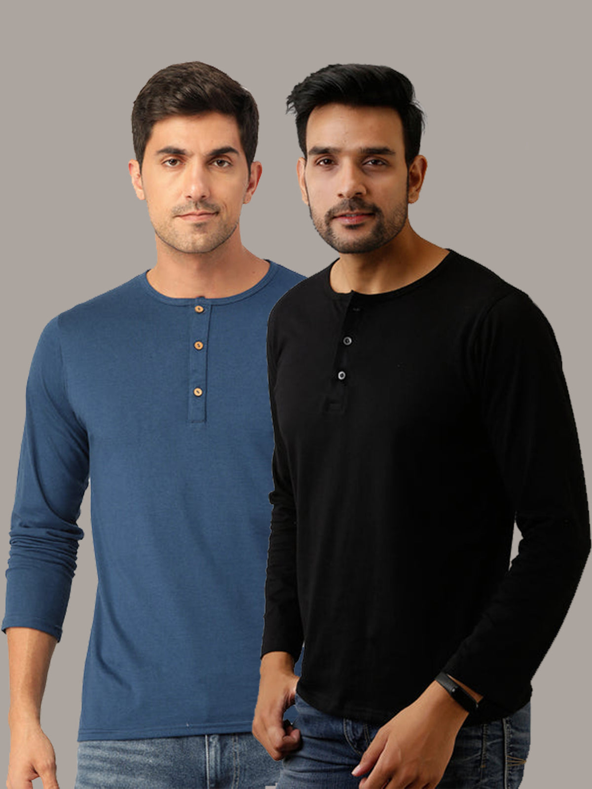 Plain Black & Teal Blue Henley T-Shirts Combo Pack