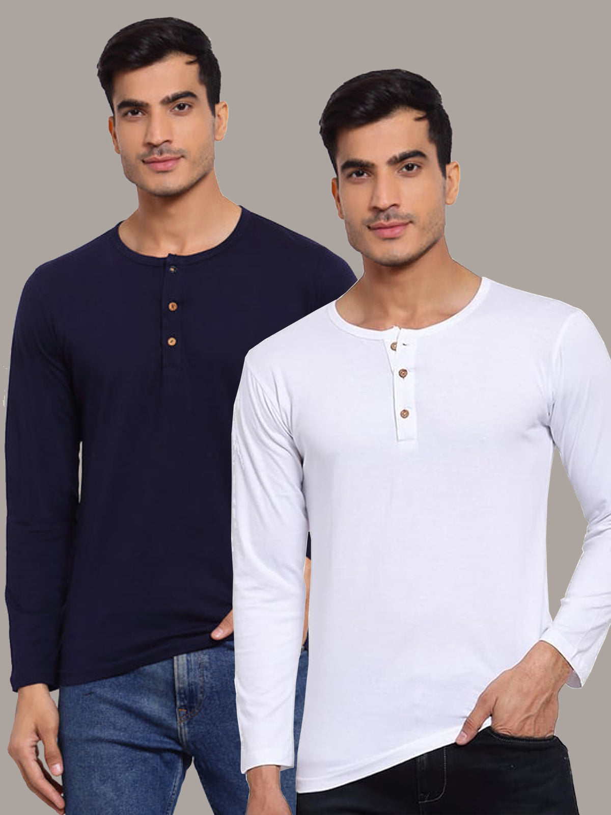 Plain Blue & White Henley T-Shirts Combo Pack