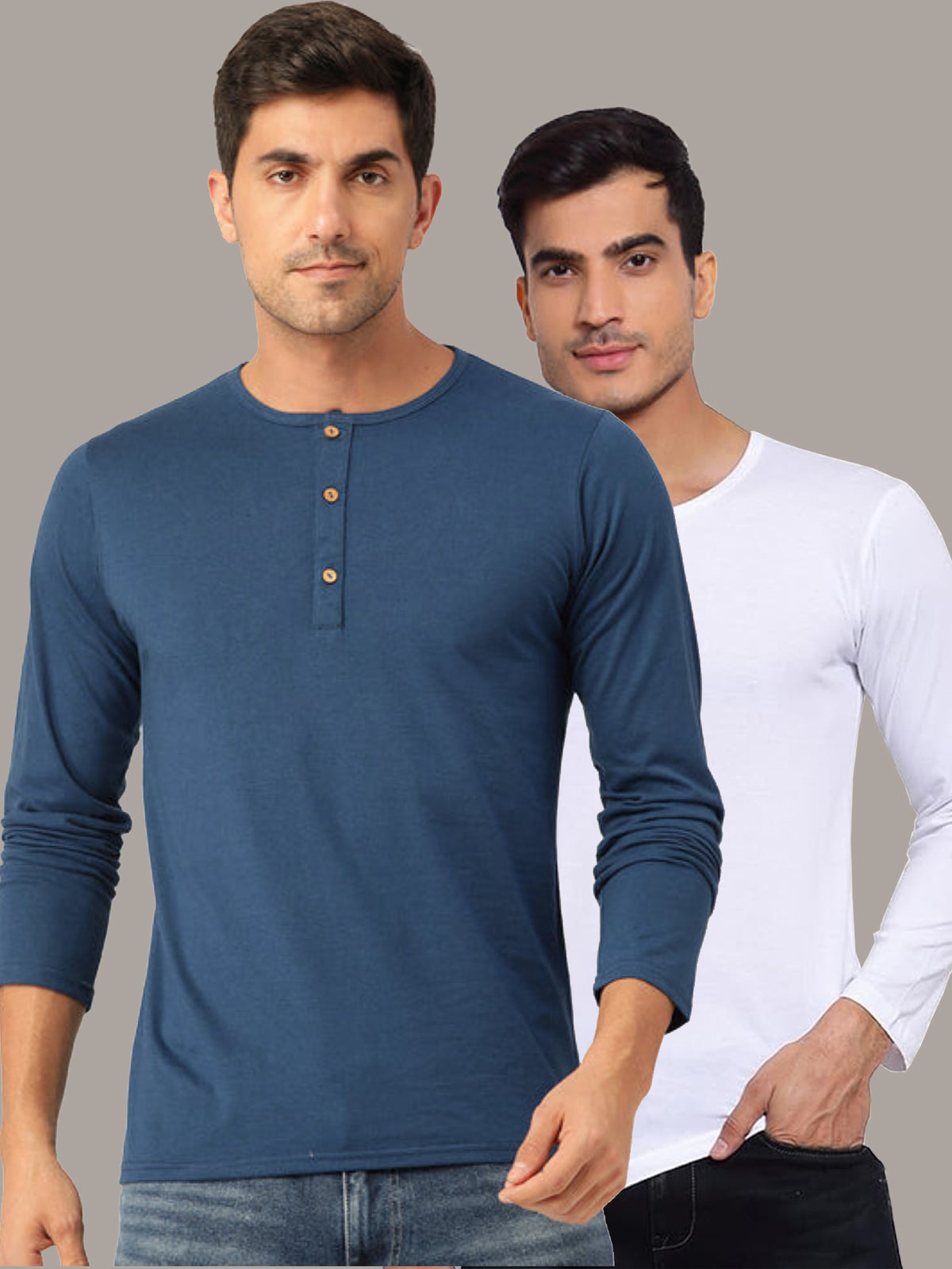 Plain Teal Blue & White Henley T-Shirts Combo Pack