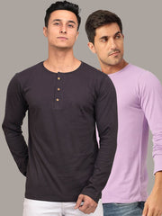 Plain Dark Grey & Lavender Henley T-Shirts Combo Pack