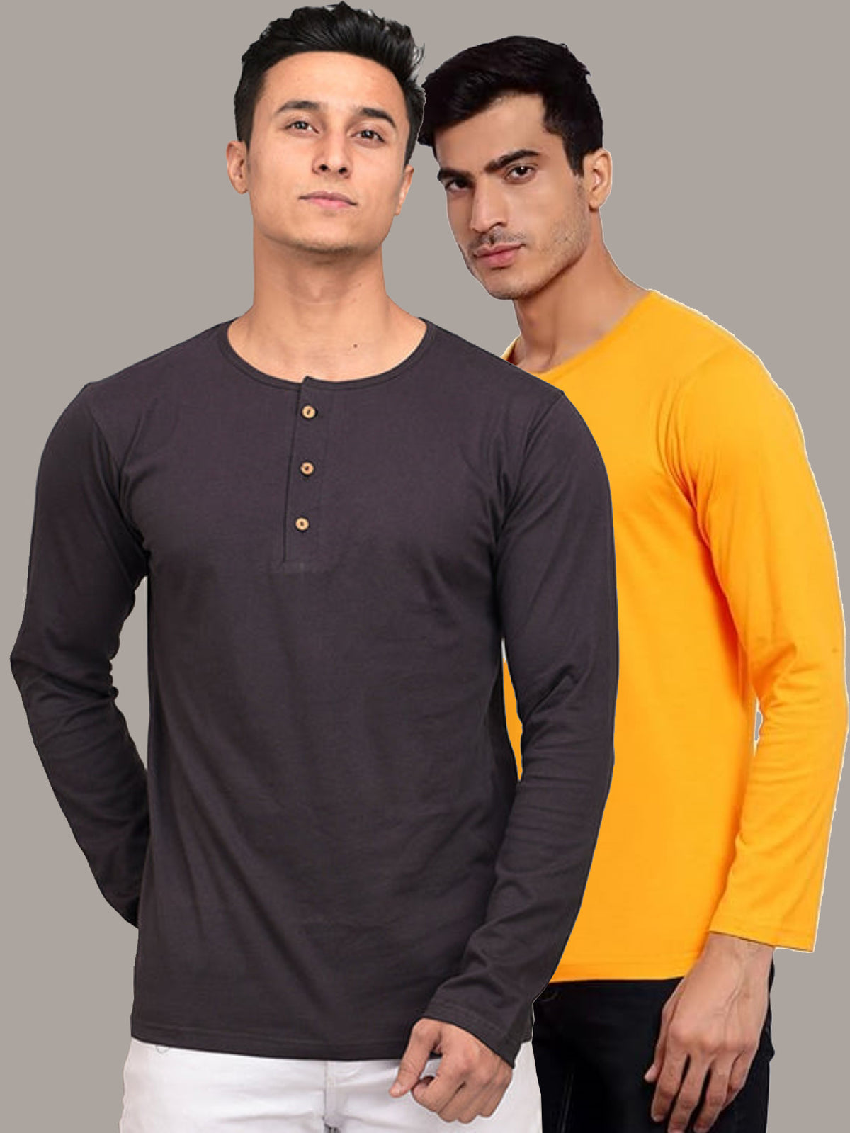 Plain Dark Grey & Mustard Henley T-Shirts Combo Pack