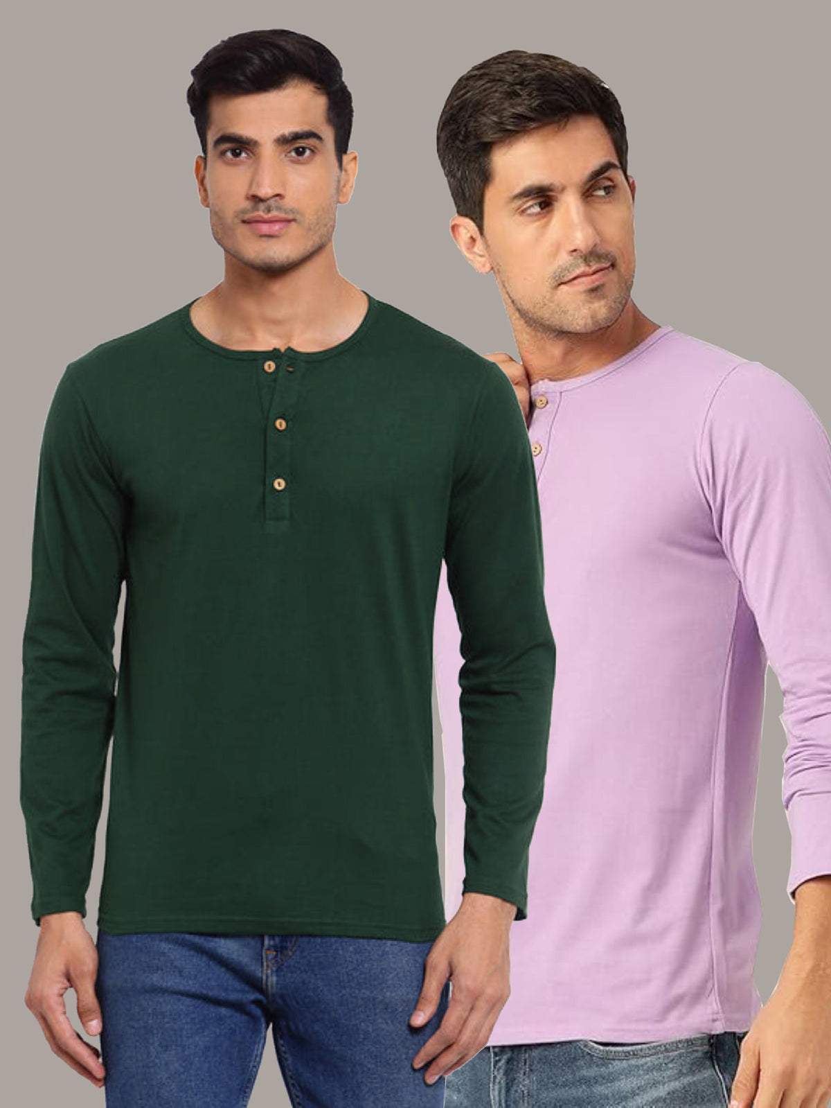 Plain Green & Lavender Henley T-Shirts Combo Pack