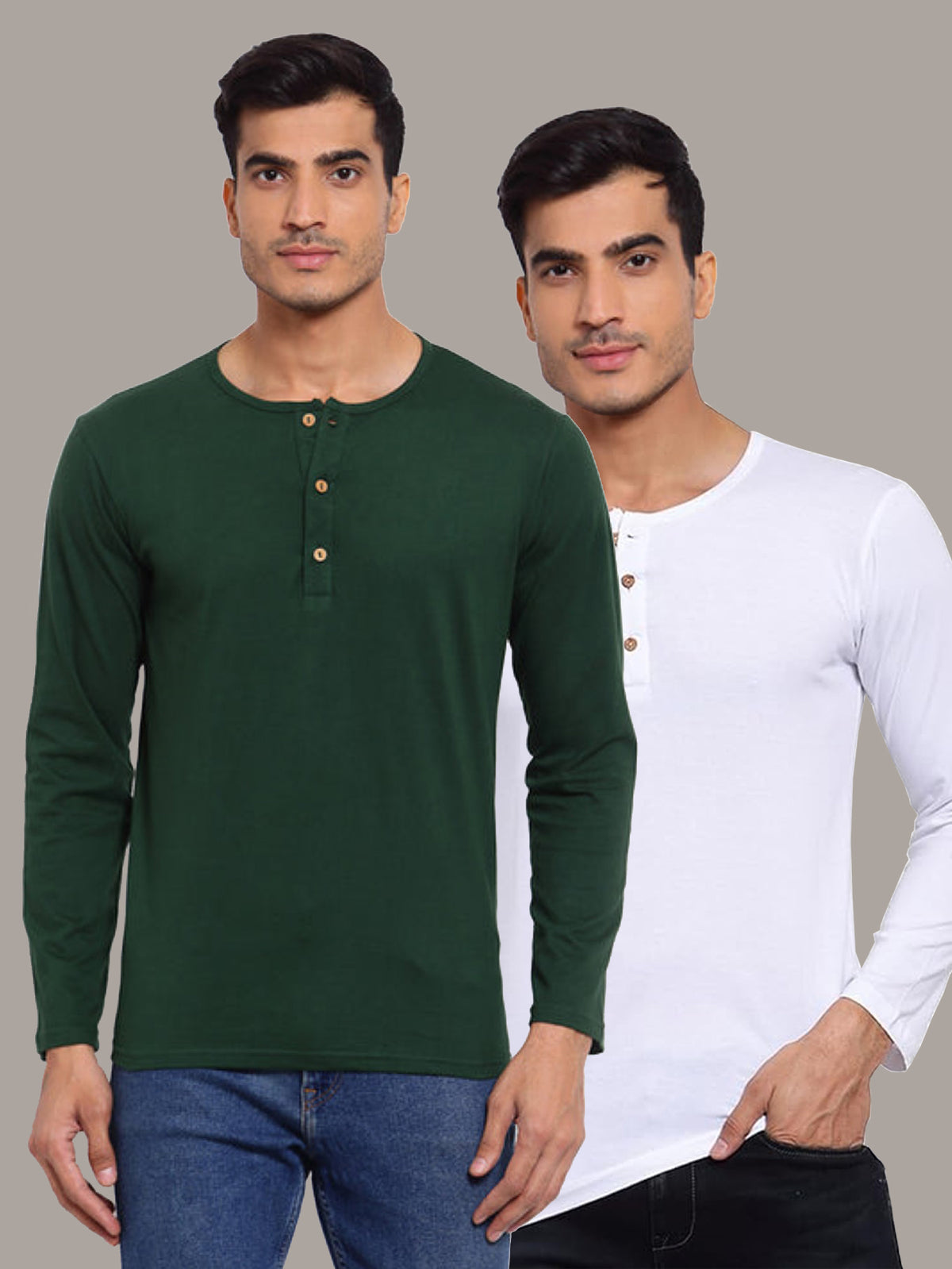 Plain Green & White Henley T-Shirts Combo Pack