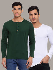 Plain Green & White Henley T-Shirts Combo Pack