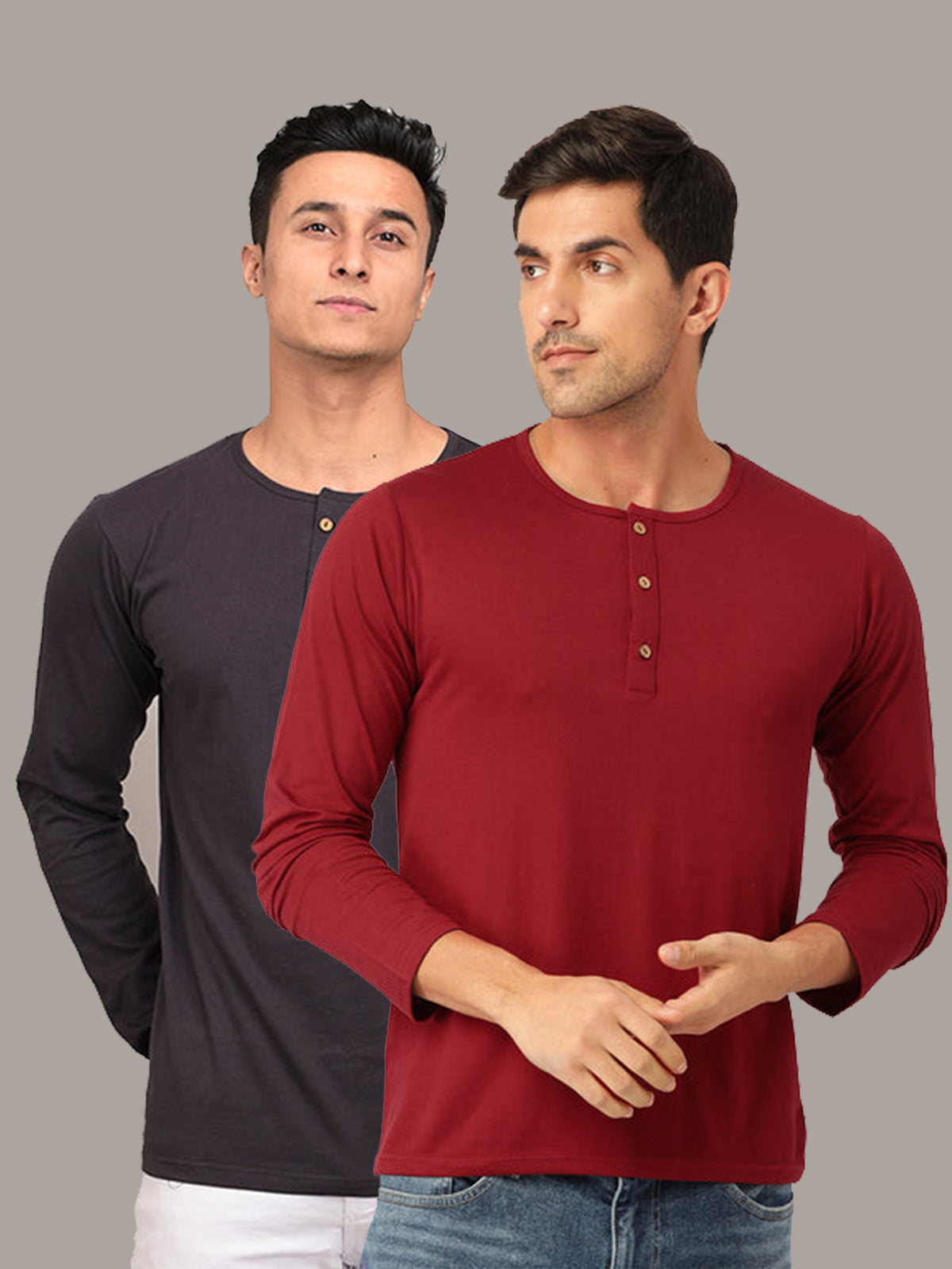 Plain Maroon & Dark Grey Henley T-Shirts Combo Pack