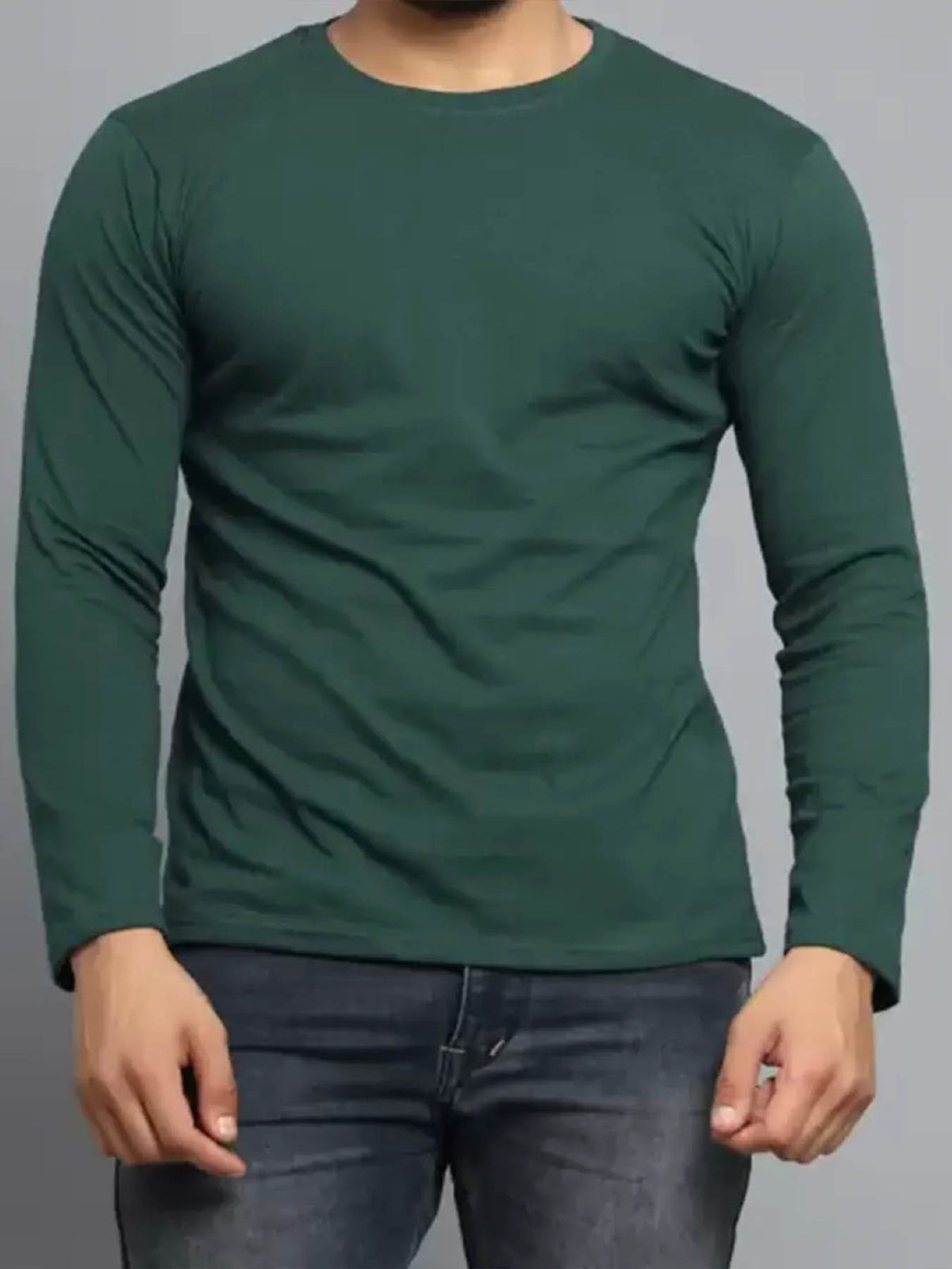 Stylish Olive Green Round Neck Full Sleeves T-Shirt